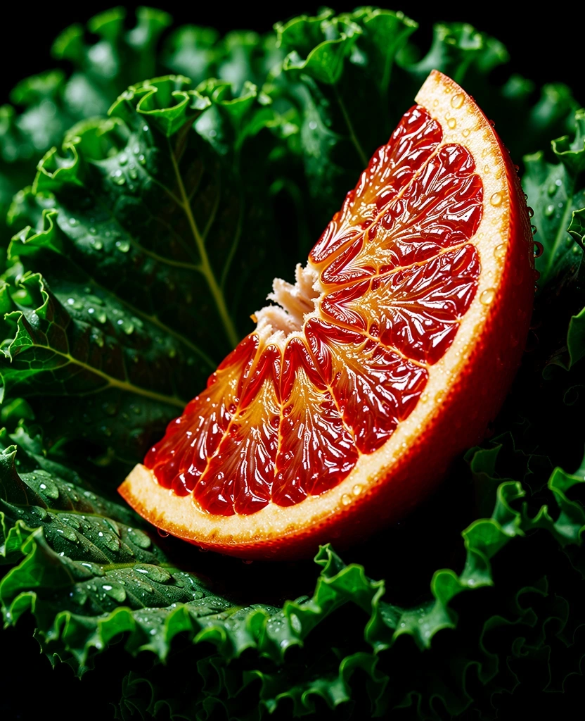 Close up of fresh organic blood orange and kale
